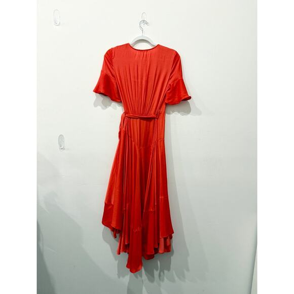 Maje Retta V-Neck Ruffle Asymmetric Midi Wrap Dress Orange Women's Size 1 / S - Picture 3 of 5